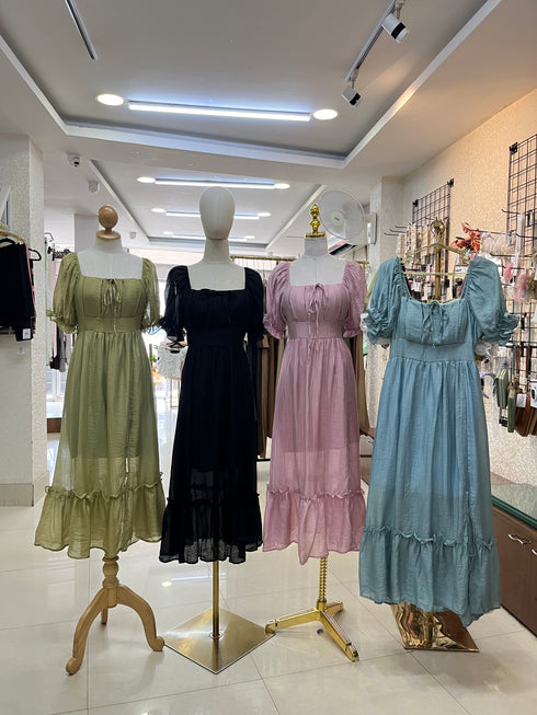 Summer Puff Sleeves Square Neck Side Slit Maxi Dress